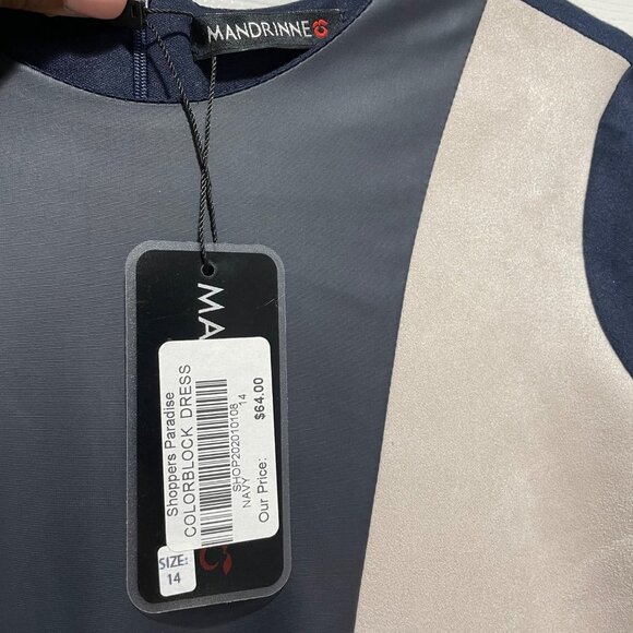 Mandrinne Fit to Flare Dress Navy Black Cream Colorblock Modest Girl's Size 14 - Picture 3 of 6